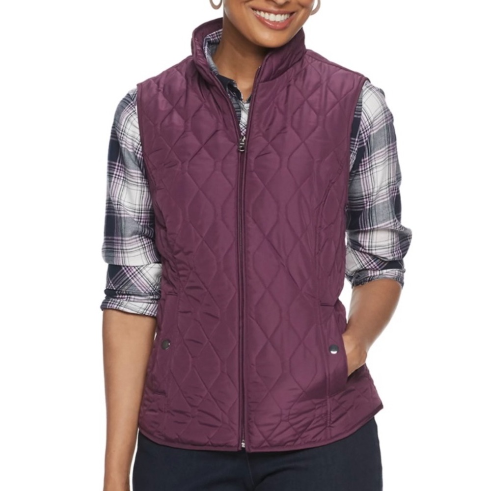 Croft & Barrow Women's Quilted Vest Purple Full Zip Puffer Snap Pockets Size S